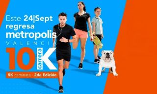 Banner promocional de la 2da. edición carrea 10K y caminata 5K Metropolis Valencia que muestra una familia con su mascota